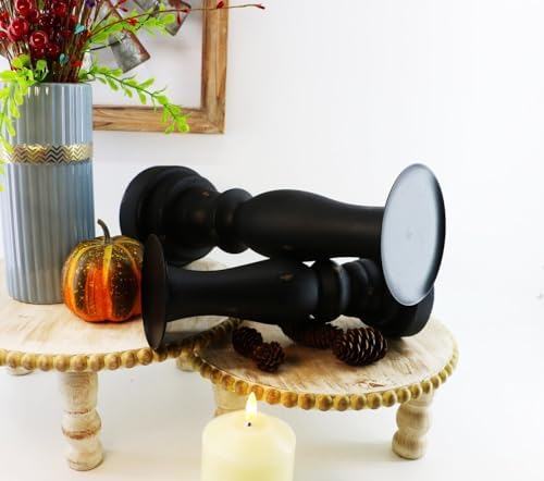 Black Worn Pillar Candle Holder - Rustic Wooden Farmhouse Candlestick Holders...