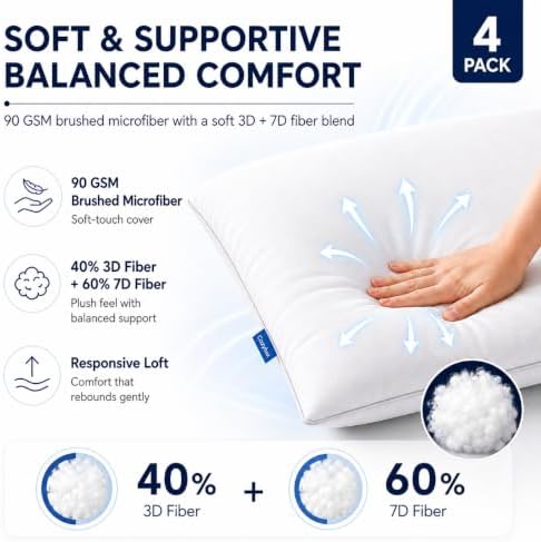 CozyLux Bed Pillows Standard Size Set of 4, 18" x 26", Medium Support