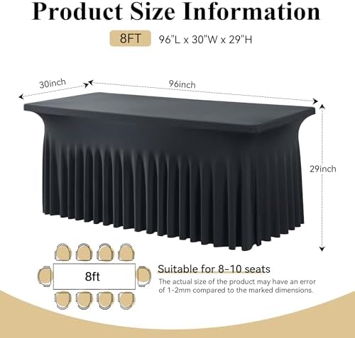 8ft Black Spandex Tablecloth for Rectangle Tables, 4 Pack for Wedding Party
