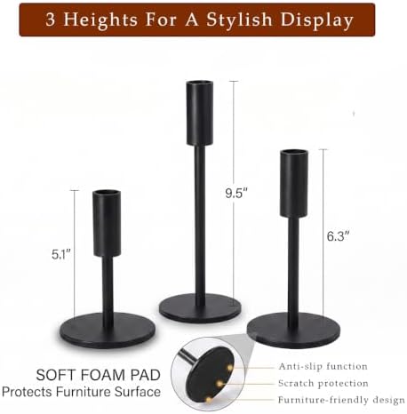 Black Taper Candle Holders Set of 3, Iron Candlestick Holders