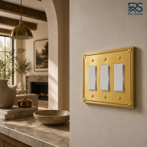 Rio Salto Brushed Gold Decorative 3 Rocker Light Switch Cover Plate 3 Gang Ro...