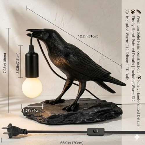 Shandaglo Raven Lamp Gothic Decor, Black Crow Table Light with LED Bulb E12