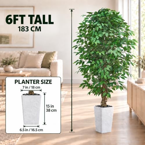 Artificial Ficus Tree 6FT, Large Fake Tree for Home Decor (White Planter)