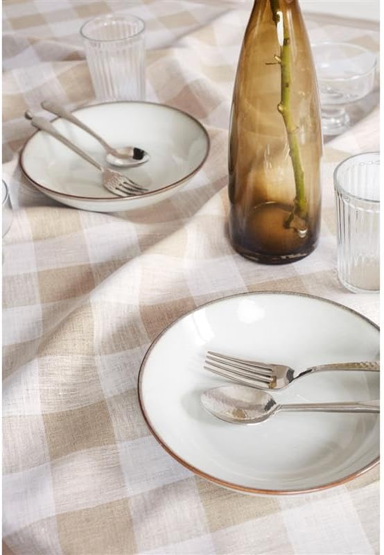Solino Home 100% Linen Tablecloth, 60 x 144 in, Natural and White Check