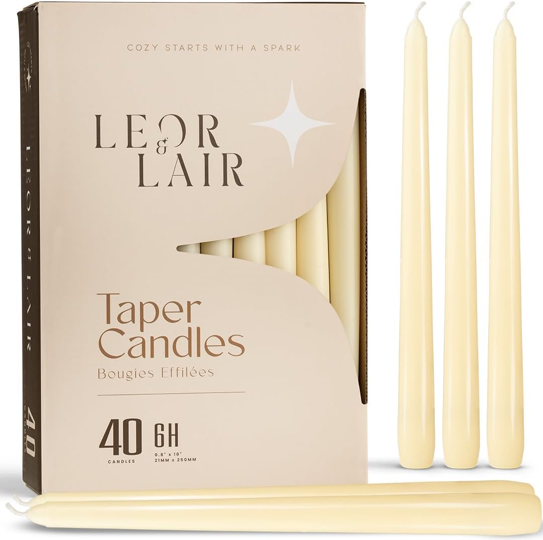 Leor & Lair Ivory Taper Candles 40 Pack, 10 Inch Unscented Candlesticks