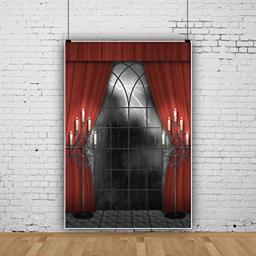 Renaiss 8x12ft Vintage Gothic Window Backdrop Red Curtain Candlestick Black F...