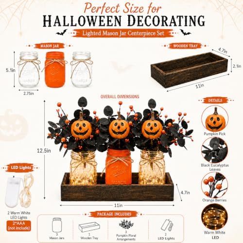 Lighted Halloween Table Centerpiece, Pumpkin Mason Jar Decorations for Home