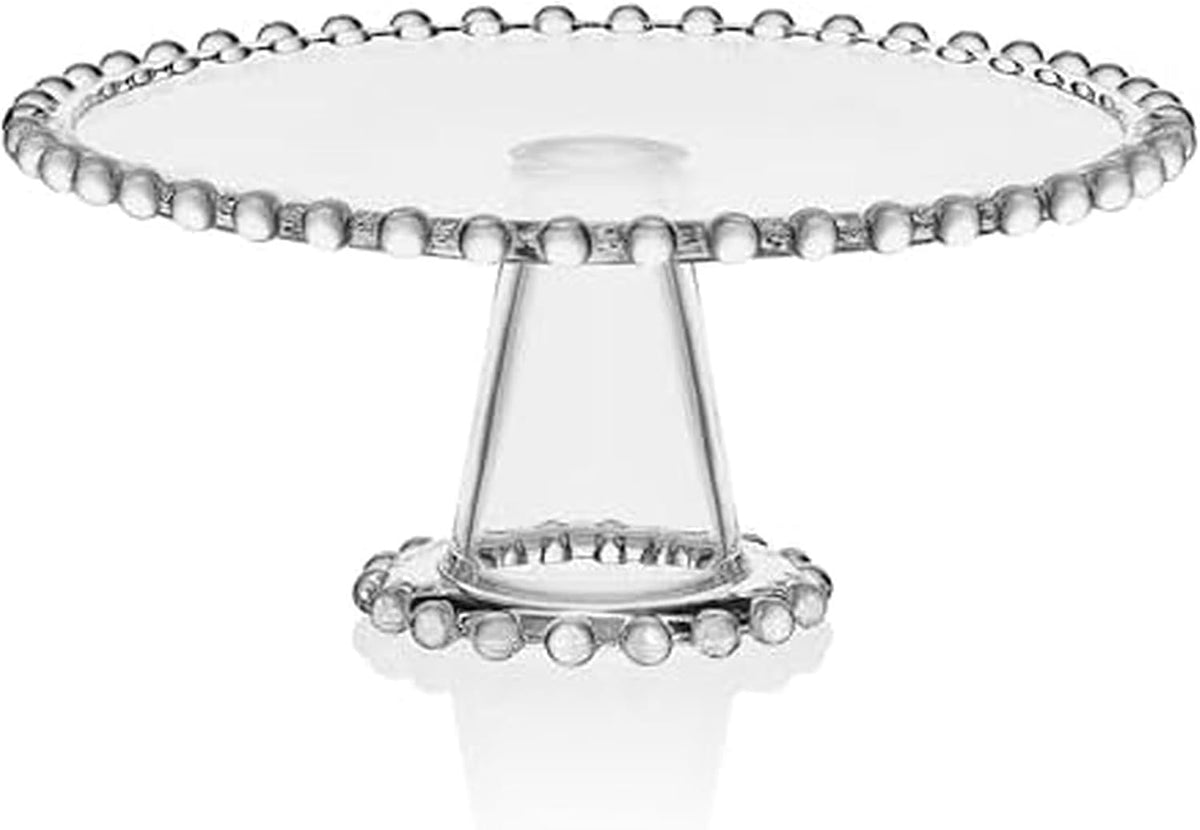 Fitz & Floyd Beaded Large Glass Cake Stand, 10.75 Inch Clear Glass Pedest...