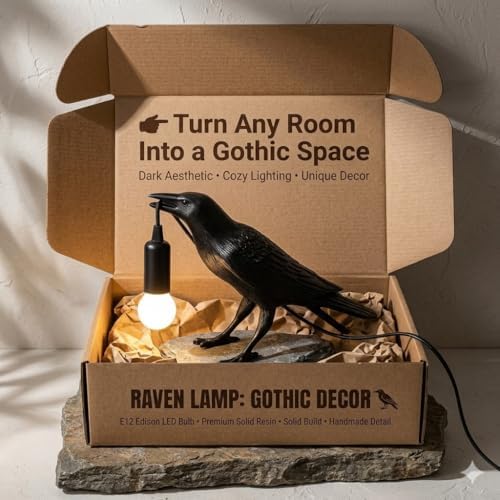 Shandaglo Raven Lamp Gothic Decor, Black Crow Table Light with LED Bulb E12