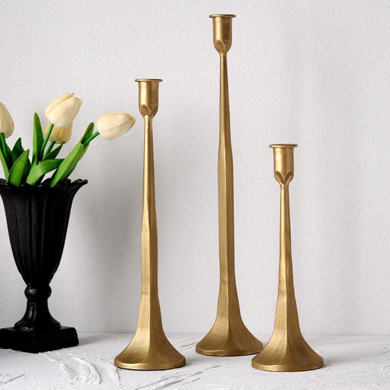 Denique Iron Taper Candle Holder Set of 3, Gold Candlestick Holders Decorativ...
