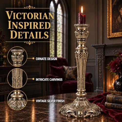 Gothic Victorian Candlesticks 2-Pack Aged Silver Metal Taper Candle Holders