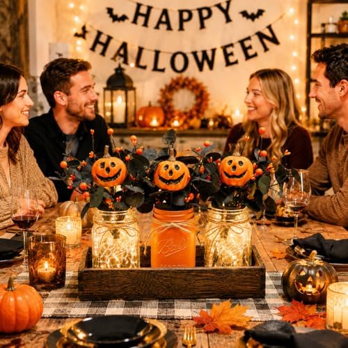 Lighted Halloween Table Centerpiece, Pumpkin Mason Jar Decorations for Home