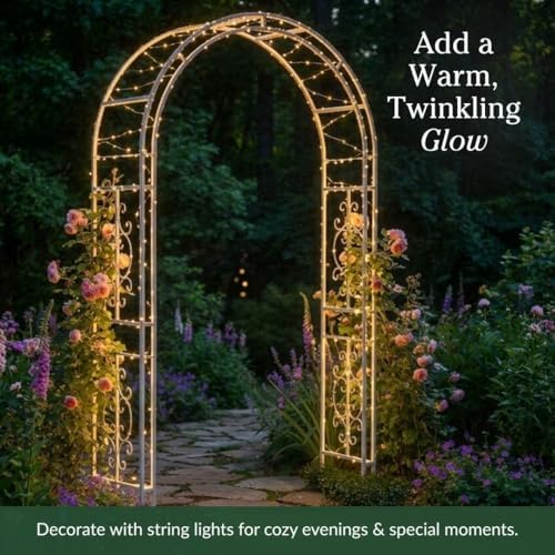 Plow & Hearth Arch Metal Outdoor Garden Arbor Montebello White, 7 Feet Ta...