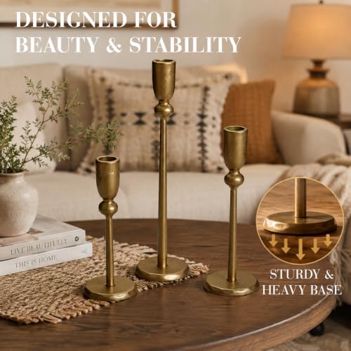 PERFNIQUE Gold Candle Holders for Candlesticks Set of 3, Cast Iron Decor