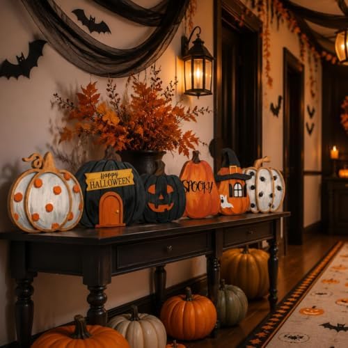 JarThenaAMCS 6Pcs Halloween Wooden Porch Signs Halloween Decorations