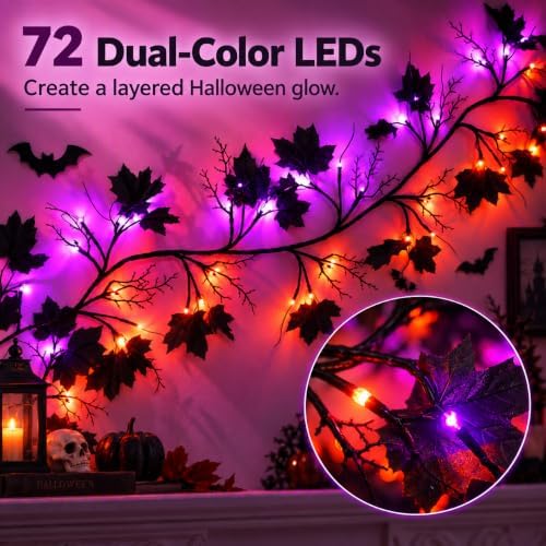 Halloween Garland with Orange & Purple Lights, 9 FT Black Maple Leaves