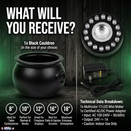 PMU 2pc Cauldron Set, 12in Black Cauldron w/Mist Maker & Multicolor Fogger