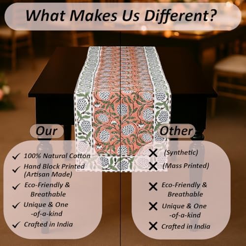 Ridhi Dark Salmon Hand Block Print Table Runner 16x90 Inch 100% Cotton