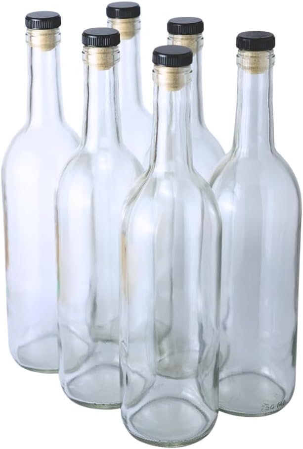 750ml Glass Bottle With Cork W5 Bordeaux - 6-Pack with Cognac T-Corks