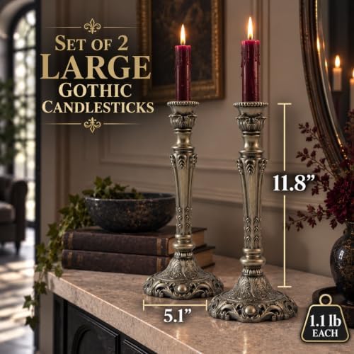 Gothic Victorian Candlesticks 2-Pack Aged Silver Metal Taper Candle Holders
