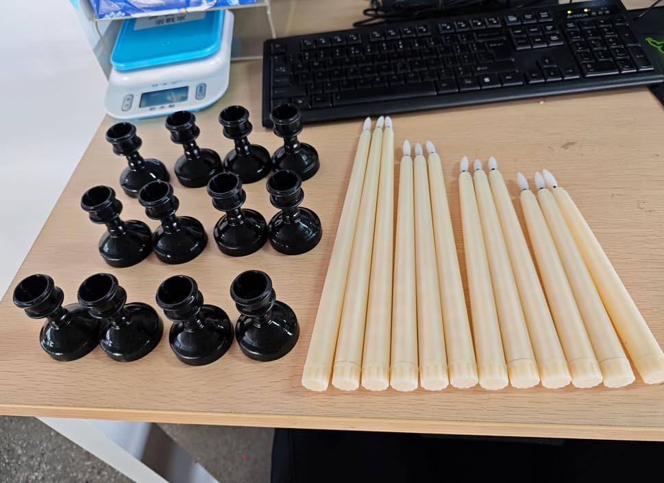 Rossesay 12 Pcs LED Taper Candles Holders, Black Holder & Ivory Candles