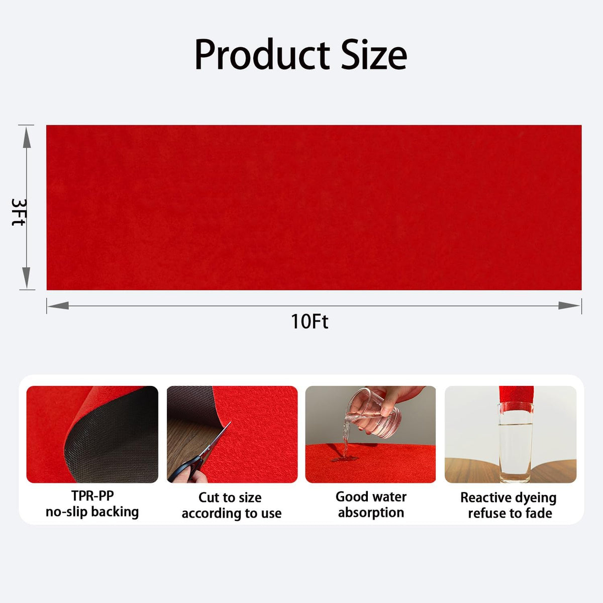 Extra Thick 3x10Ft Red Carpet Runner for Party, Non-Slip TPR Backing Aisle Ru...
