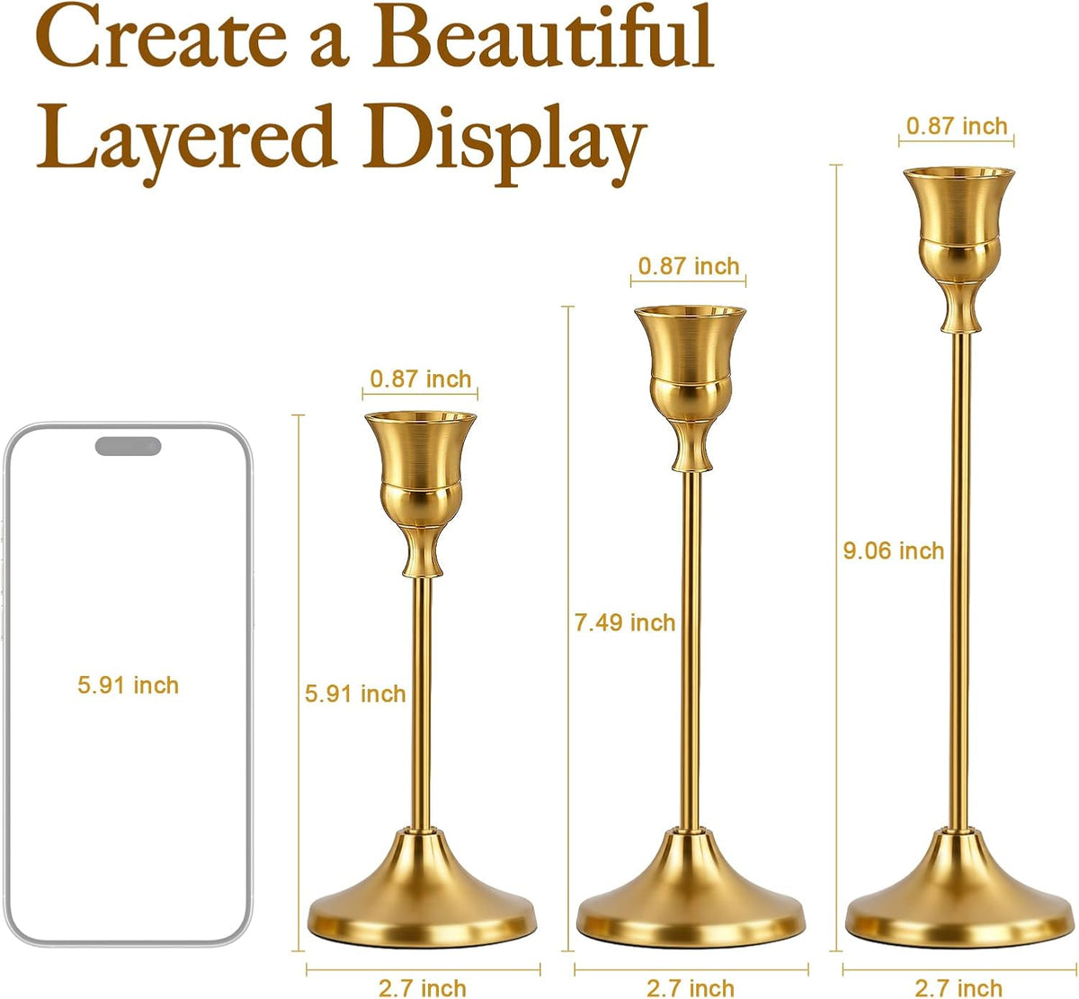 Gold Candle Holders for Candlesticks 8 Sets(24 PCS), Tapered Candlestick Hold...