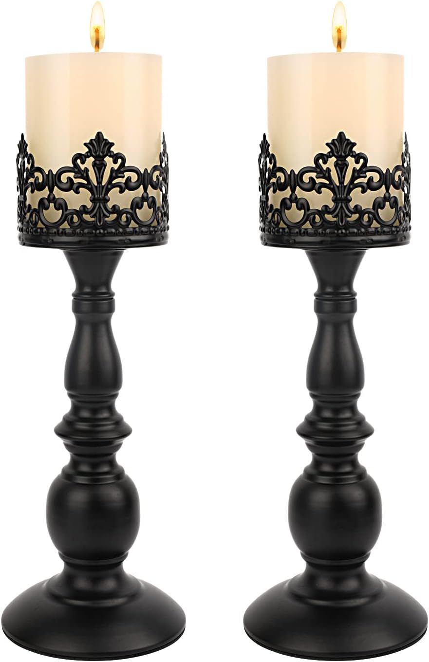 Candle Holders for Pillar Candles Gothic Matte Black Vintage Tall Candle Hold...
