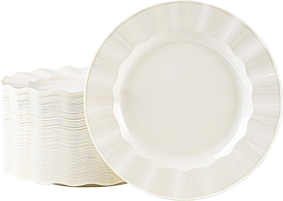 72 Pack Ivory Plastic Plates, 7" Disposable Wave Edge Dessert Plates