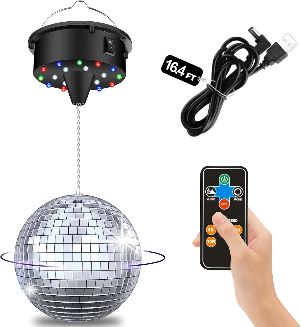 Disco Ball with Motor & Light, 5/8/10/15RPM Disco Spinner & 6" M...