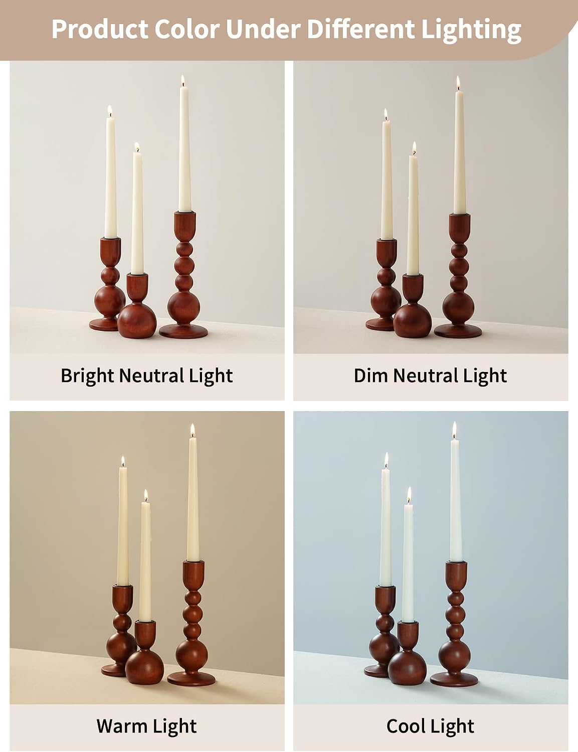 NUPTIO Wooden Taper Candle Holders, Set of 6 Brown Candlesticks