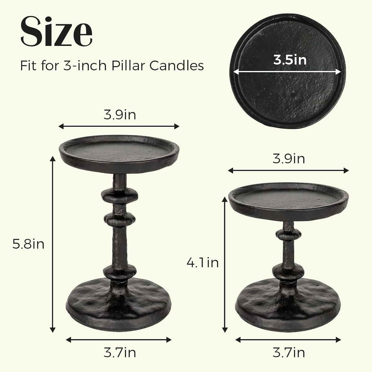 Black Cast Iron Pillar Candle Holders Set of 2 Farmhouse Candlesticks