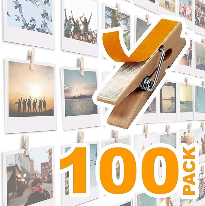 100 Pack Mini Self Adhesive Clips for Pictures - Wood Clip Photo Holders for ...
