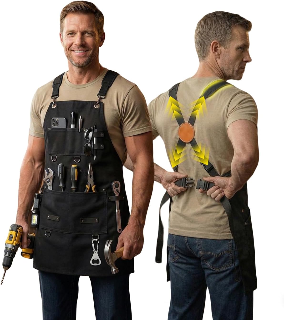 Heavy Duty Canvas Tool Aprons for Men: 6-Pocket, with Quick-Release Buckle, E...