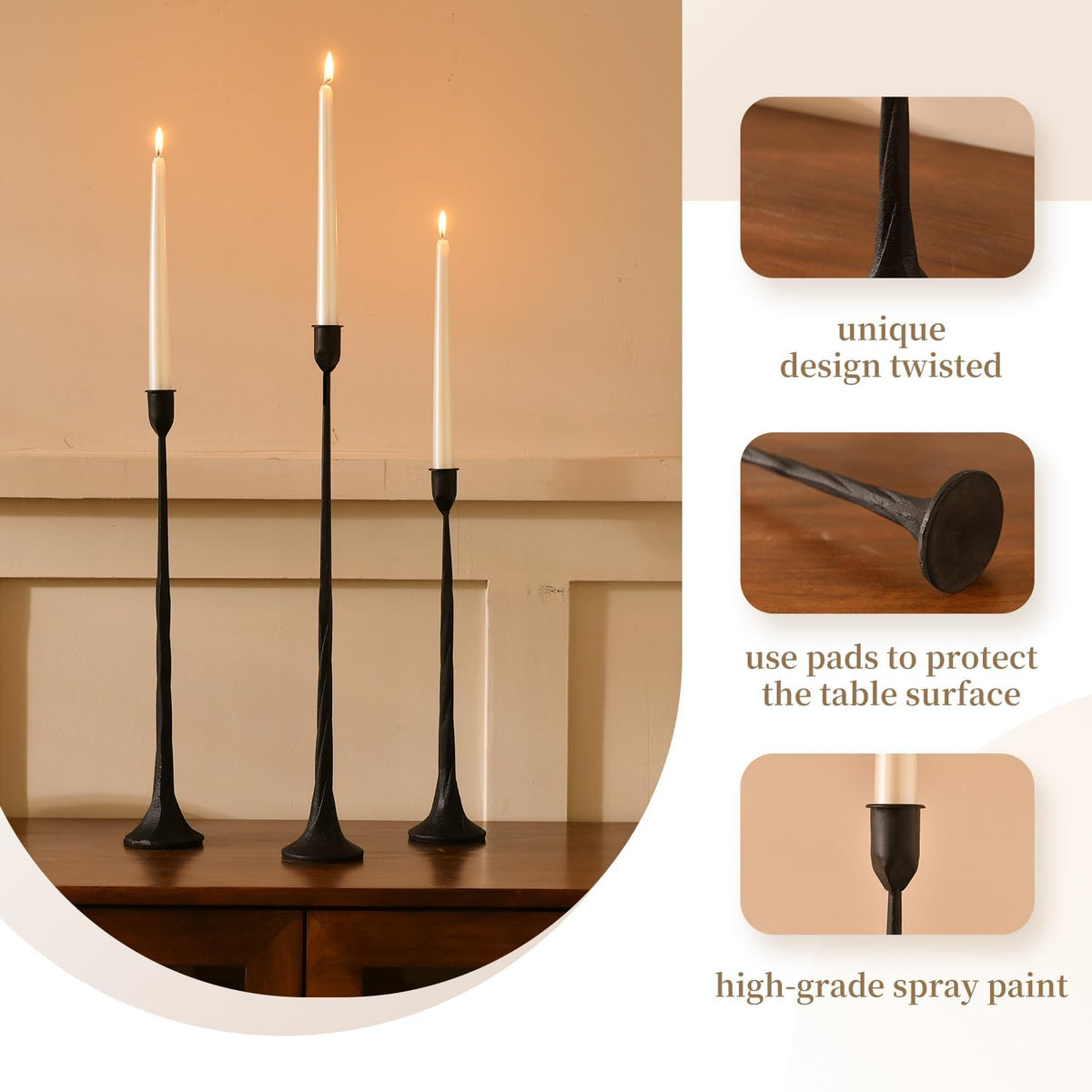 Iron Black Candlestick Holders, Set of 3 Candle Stick Holders,Fits 3/4 inch T...