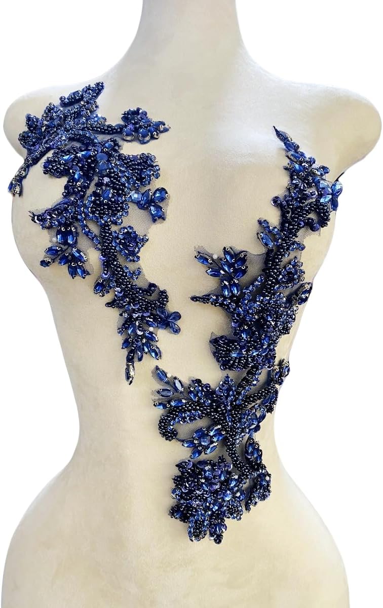 Handmade Rhinestones Bodice lace Applique handsewing Beads Sequins Trim Patch...
