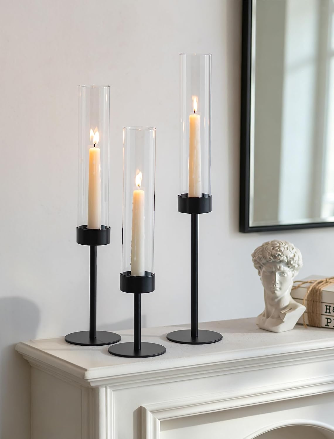 Romadedi Black Metal Hurricane Taper Candle Holders, Set of 3