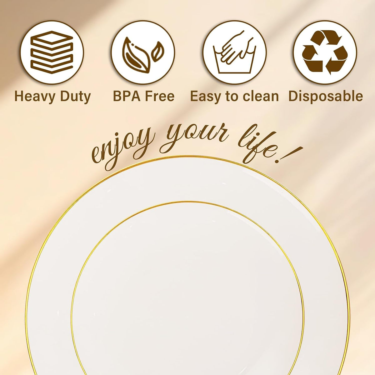 Nervure 100Pcs Ivory and Gold Plastic Plates, 7.5″Disposable Dessert Plates