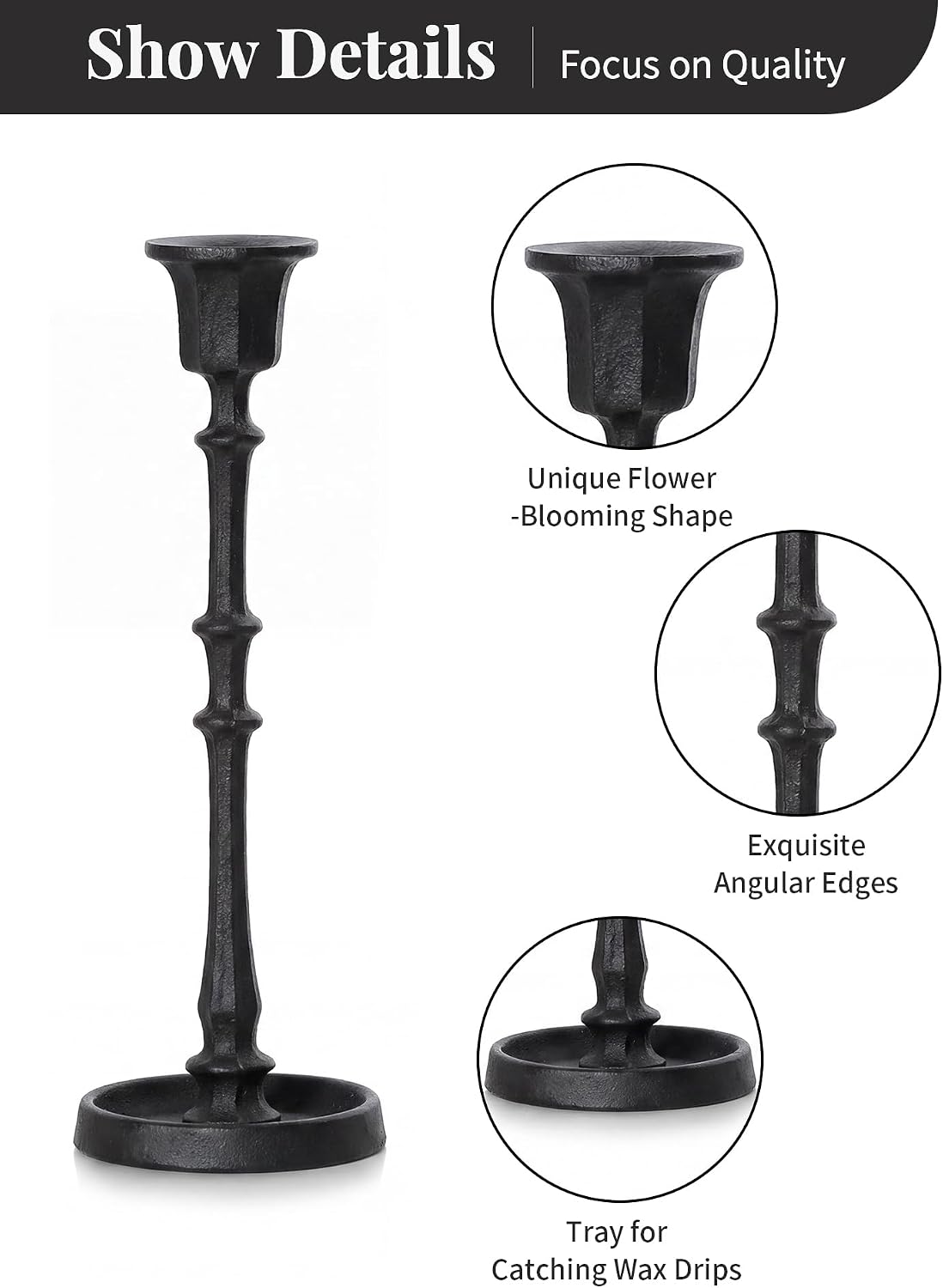 NUPTIO Black Taper Candle Holders: Set of 3 Vintage Cast Iron Candlesticks