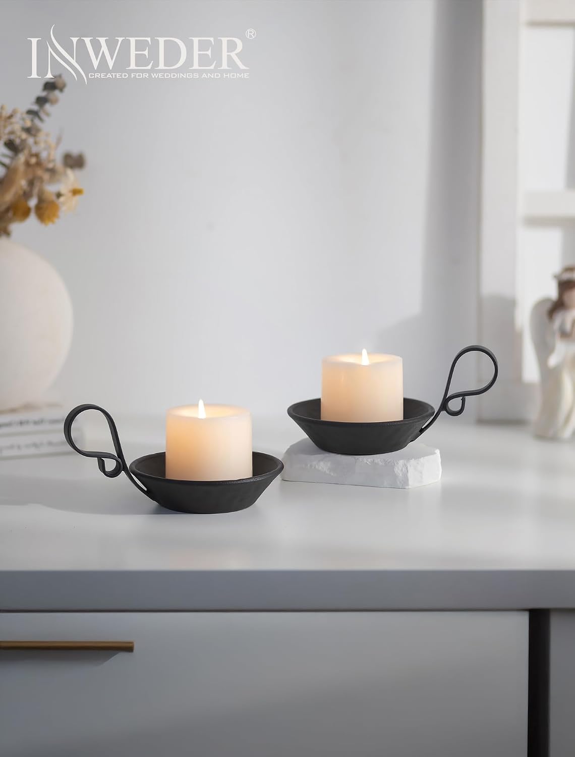 Iron Pillar Candle Holder: Vintage Black Candle Plate with Handle