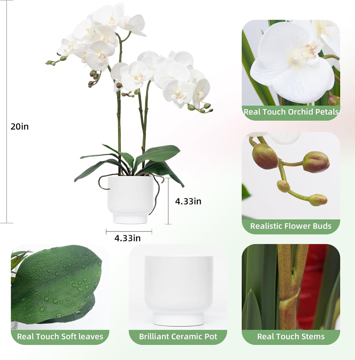 CXGS Orchids Artificial Flowers Real Touch Fake Flowers in Ceramic Pot 20&quo...