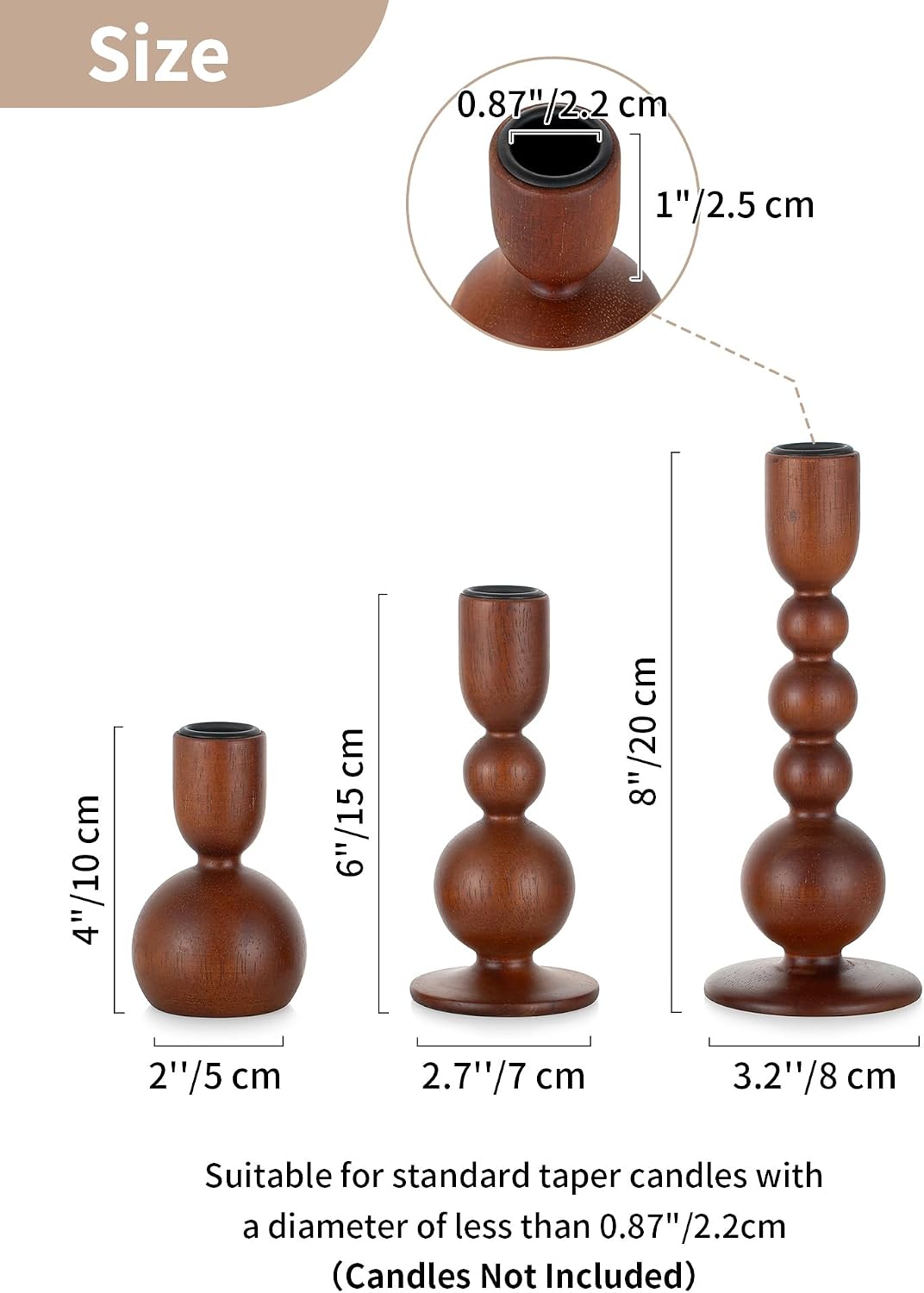 NUPTIO Wooden Taper Candle Holders, Set of 6 Brown Candlesticks