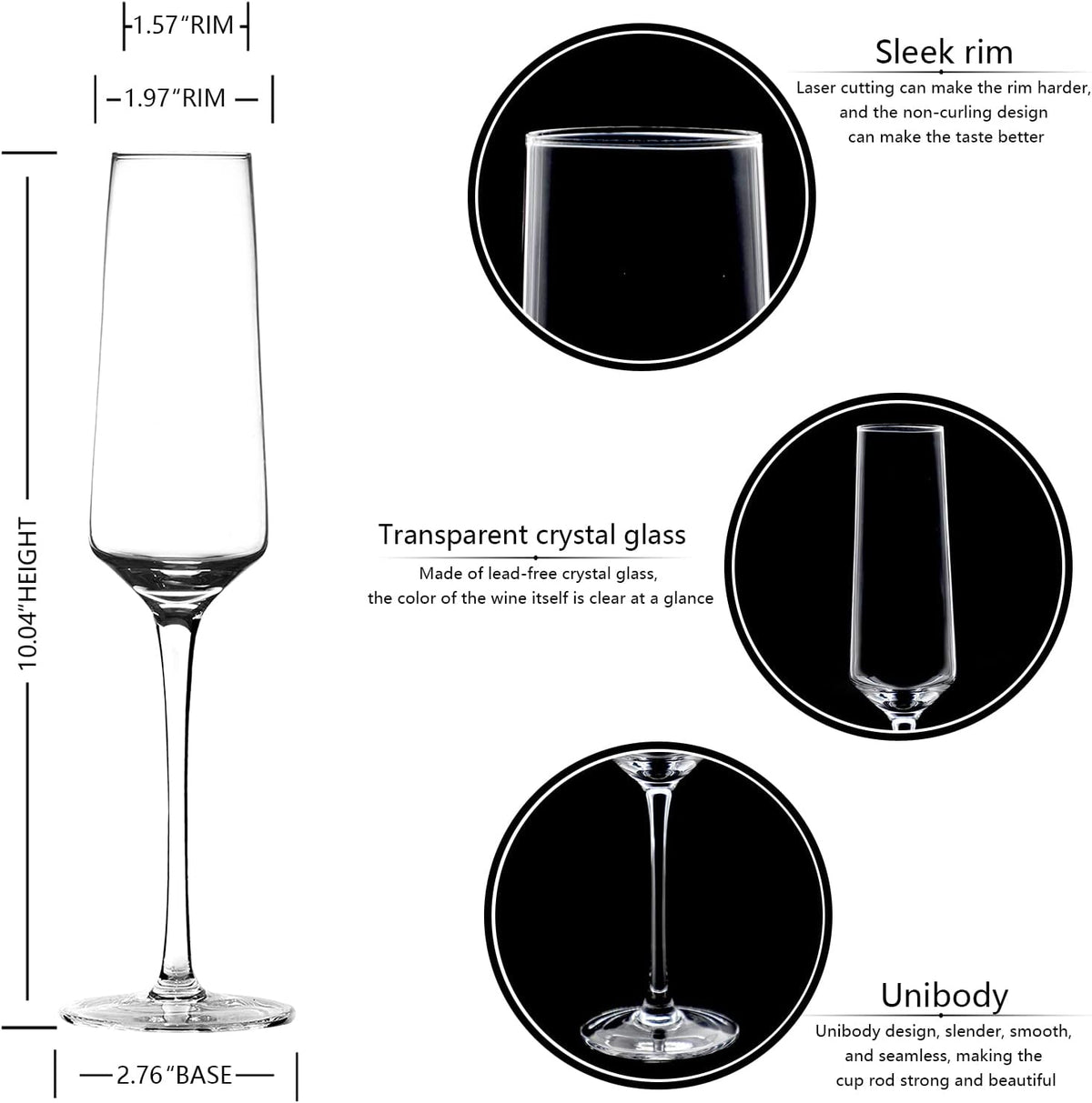 BACLIFE Champagne Flutes,Hand Blown Crystal Champagne Glasses Set 6, 7.5oz