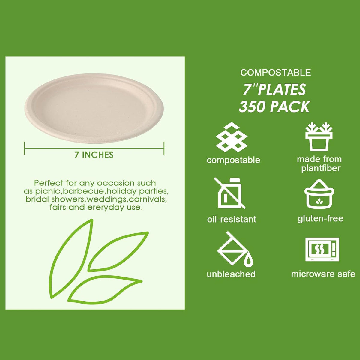 Vplus 350 Pack Compostable Bagasse Paper Plates 6.9 inch, Nature