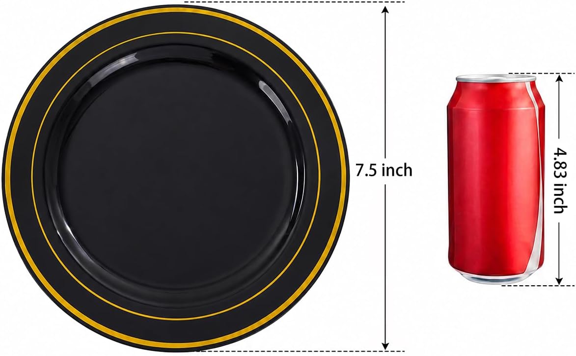 bUCLA 100 Pieces Black and Gold Plastic Dessert Plates - 7.5inch Disposable S...