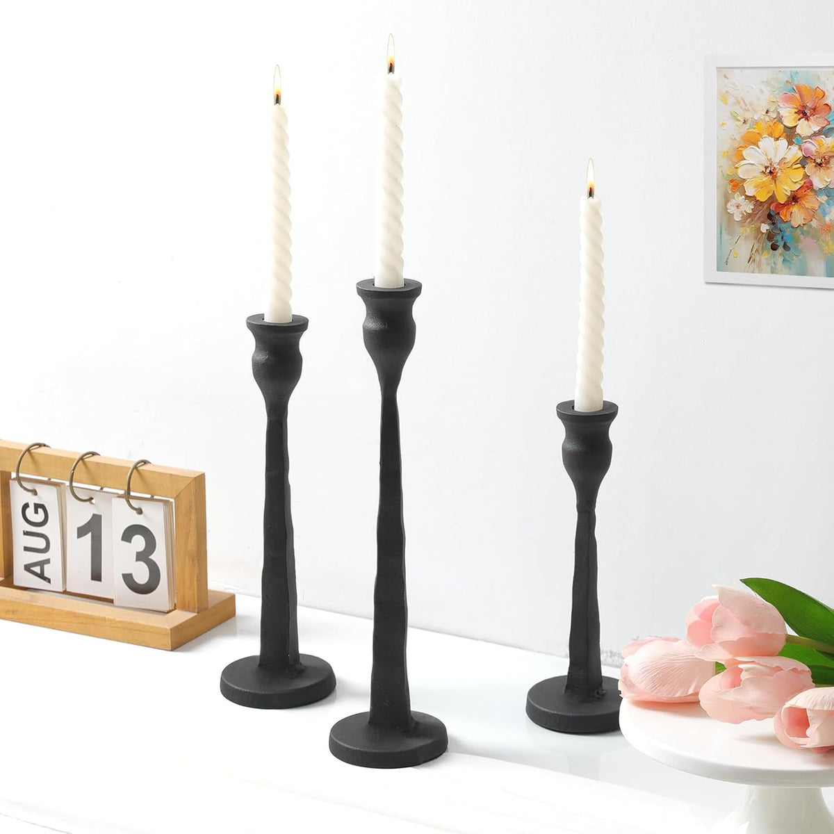 Heavy Duty Cast Iron Black Candlestick Holders Set of 3,Tall Taper Candle Hol...
