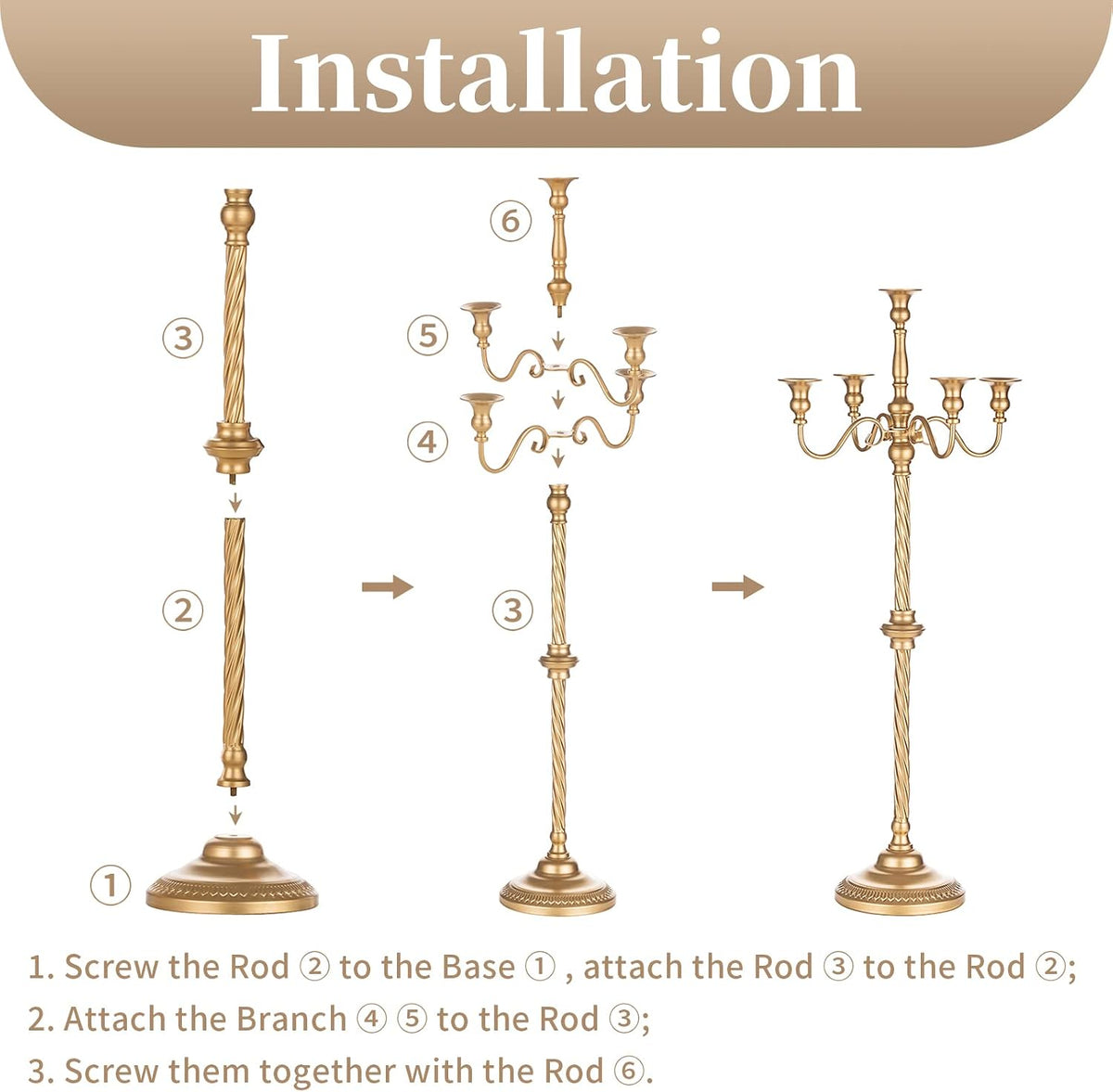 Sziqiqi Gold Floor Candelabra Candle Holder for Wedding, 5-Arm, 35in Tall