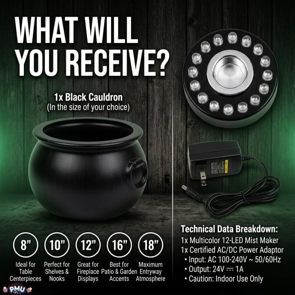 2pc set, 16in Large Black Cauldron w/Mist Maker & Multicolor Fogger