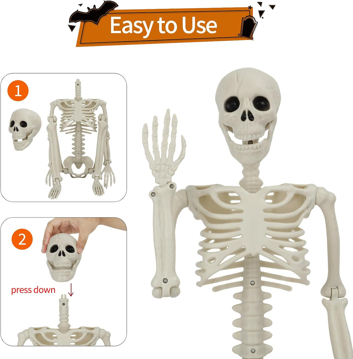 Halloween Skeleton Decorations, 2 Pack 36" Life Size Skeleton with 3 Pac...