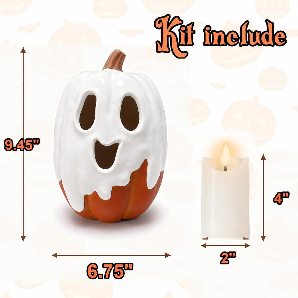 Halloween Decorations - 9.45" H Resin Ghost Pumpkin with Flameless Candl...